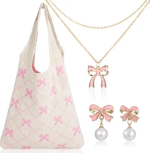 3 Pcs Pink Bow Crochet Tote Bags Bow Coquette Pendant Earrings Necklaces Y2k Jewelry