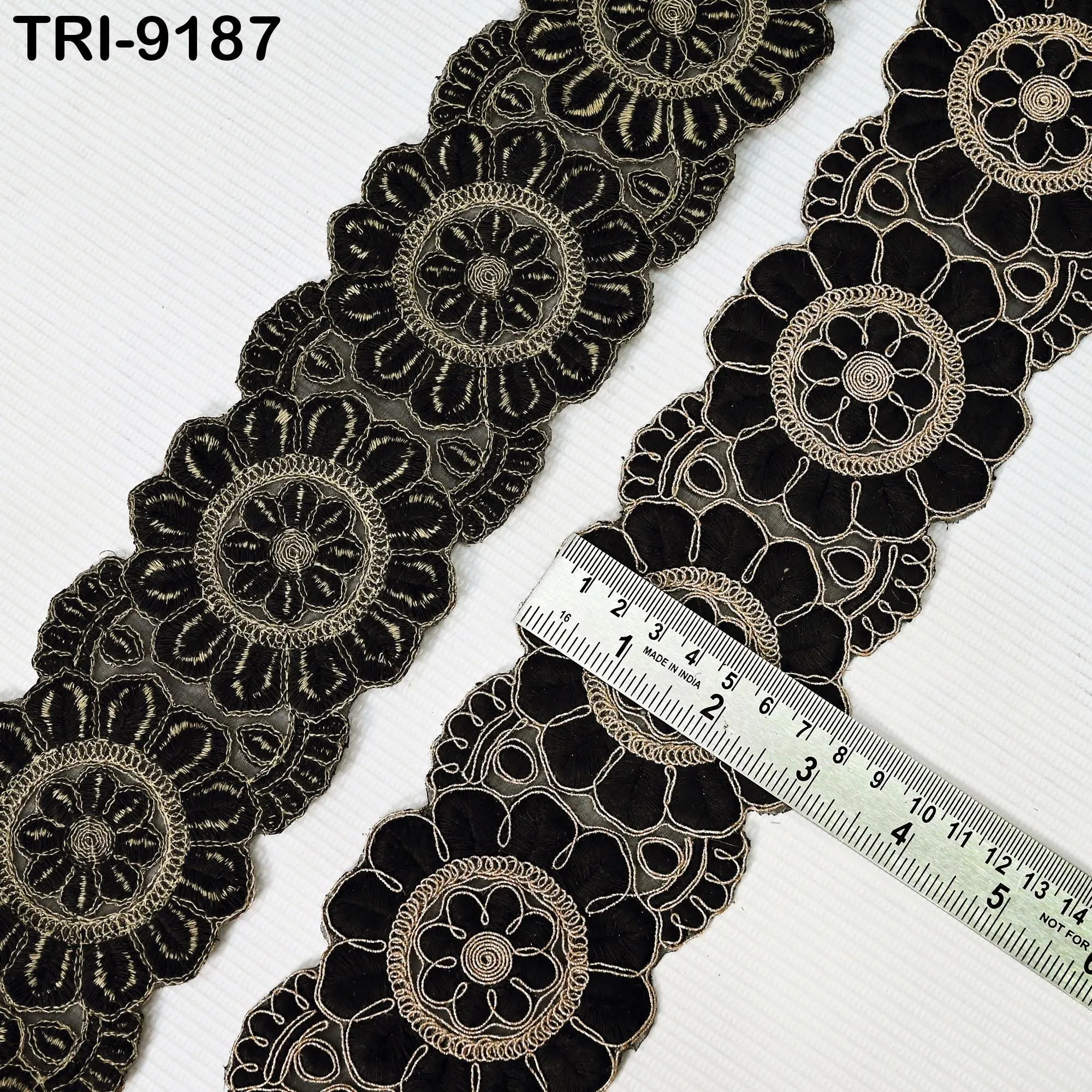 3 Yard Black Indian Embroidery Trim Ribbon 8cm Embroidered Wedding Sari Lehenga Border Saree  Sewing Crafting Wall Decor Curtains Headbands