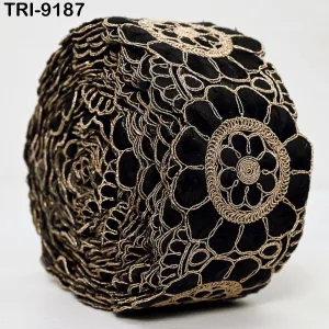 3 Yard Black Indian Embroidery Trim Ribbon 8cm Embroidered Wedding Sari Lehenga Border Saree  Sewing Crafting Wall Decor Curtains Headbands