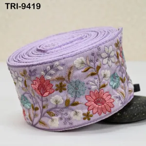 3 Yard Lavender Indian Embroidery Ribbons Border Floral Embroidered Fabric Trims Saree DIY Crafting Sewing Embellishment Junk Journals  9cm