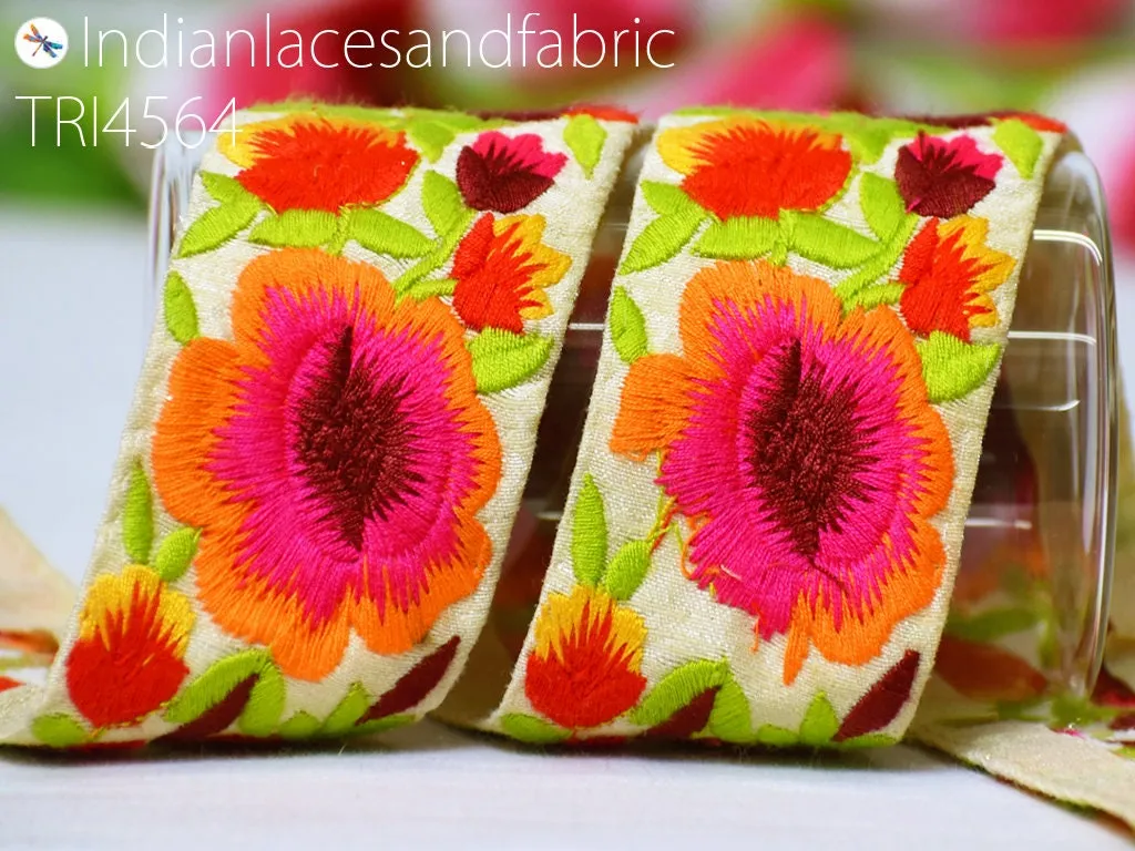 3 Yard Orange Floral Saree Decorative Embroidered Border Indian Dresses Making Laces Sewing Crafting Ribbon Beach Bags Decor Trimmings 5 CM