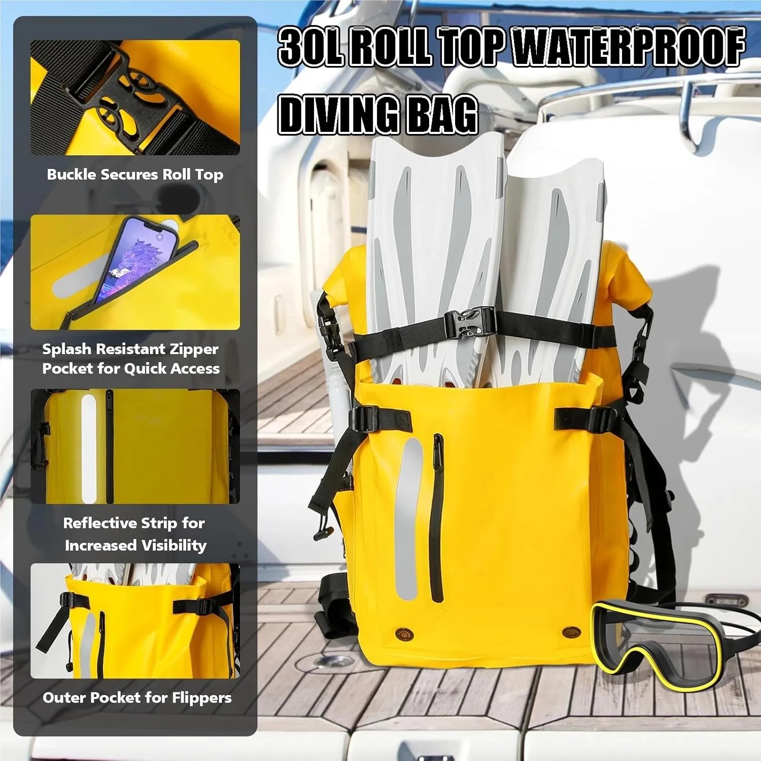 30L Roll Top Waterproof Diving Bag Snorkeling Equipment Backpack Pocket Marine Floating Dry Bags for Kayaking Hiking Fishing