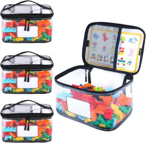 4 Pack Toy Storage Bags, Resealable Mylar Bags with Name Tag & Manual Pocket, Waterproof Transparent PVC Toy Organizer Case for Legos, Puzzles, Board games.(Black, 9.45x6.70x5.12 Inch)