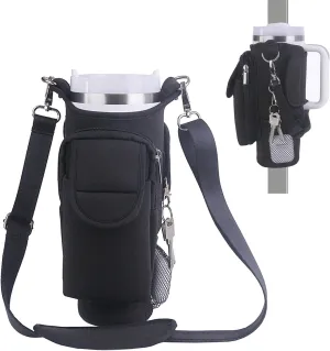40OZ Magnetic Water Bottle Carrier Bag, Compatible with Stanley Cup, with 5 Strong Magnets, Detachable Shoulder Strap, Hand Strap and Multiple Storage Pouches (Black)