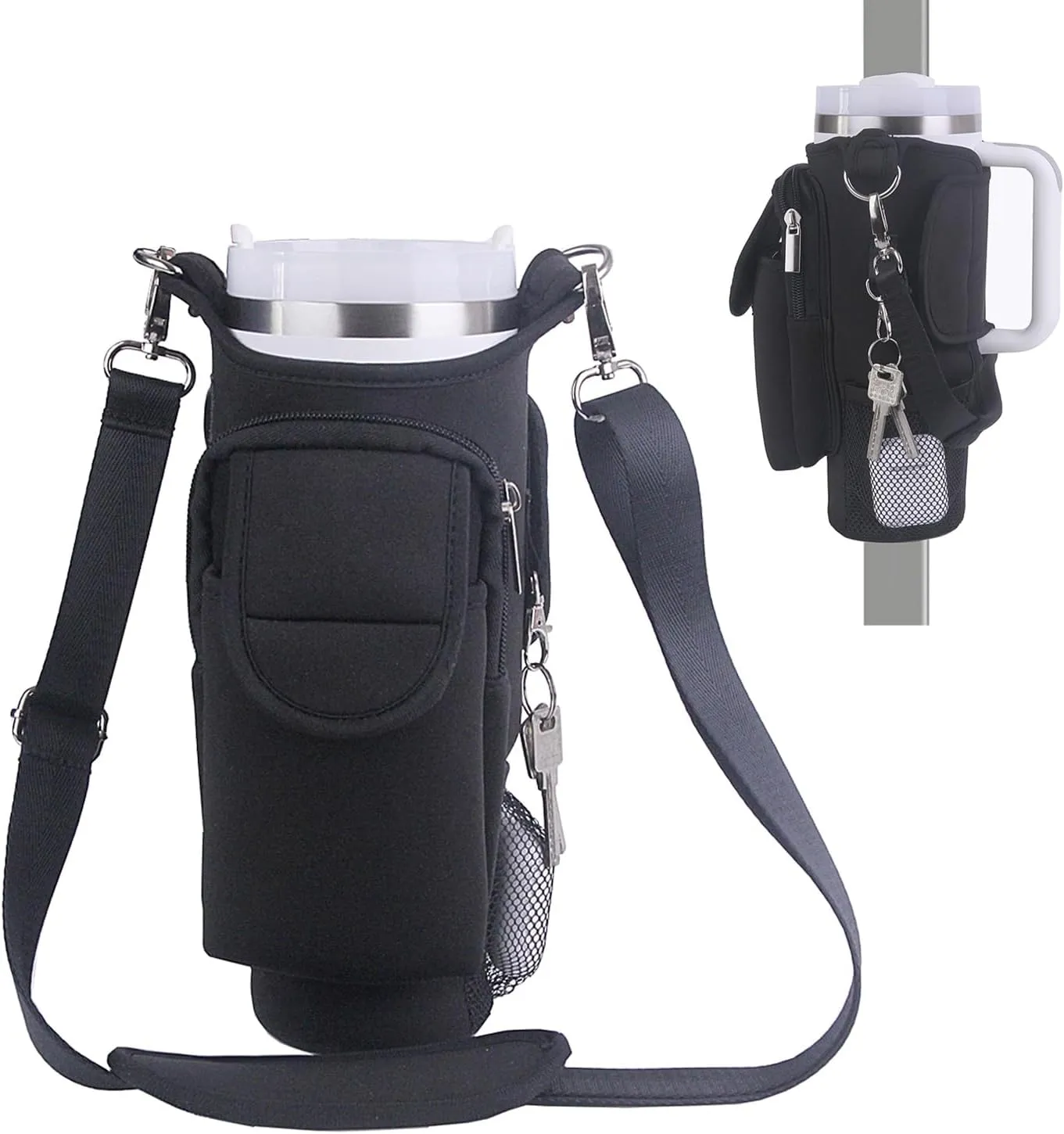40OZ Magnetic Water Bottle Carrier Bag, Compatible with Stanley Cup, with 5 Strong Magnets, Detachable Shoulder Strap, Hand Strap and Multiple Storage Pouches (Black)