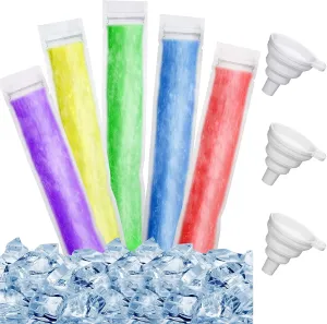 450 Pieces Disposable Ice Mold Bags with 3 Silicone Funnels Freezer Tubes with Zip Seals DIY Ice Pop Bags for Yogurt Snacks Juice Fruit Smoothies(8.7 x 2.4 Inch)