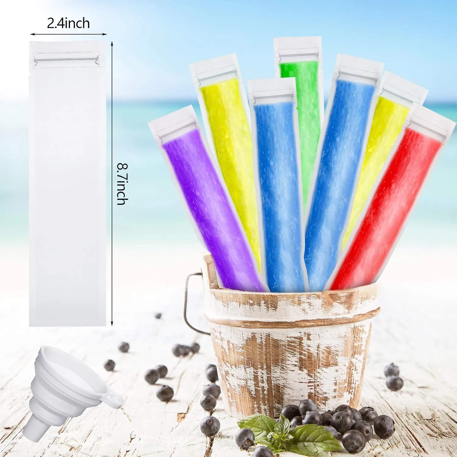 450 Pieces Disposable Ice Mold Bags with 3 Silicone Funnels Freezer Tubes with Zip Seals DIY Ice Pop Bags for Yogurt Snacks Juice Fruit Smoothies(8.7 x 2.4 Inch)