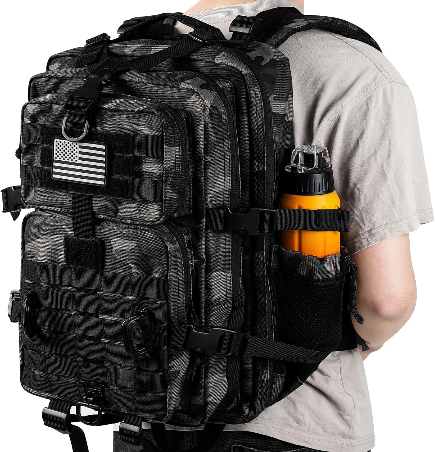 45L MOLLE Assault Pack, Tactical Backpack Military Army Camping Rucksack with Bottle Holder, 3-Day Pack Trip w/USA Flag Patch, D-Rings, Black Camo