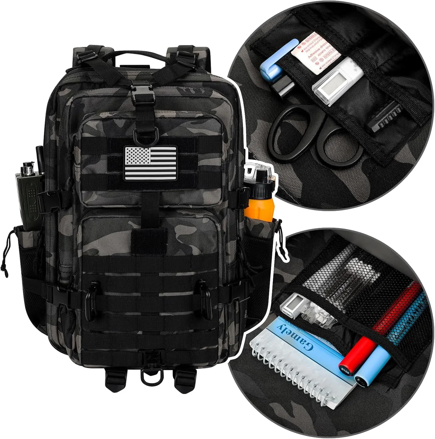 45L MOLLE Assault Pack, Tactical Backpack Military Army Camping Rucksack with Bottle Holder, 3-Day Pack Trip w/USA Flag Patch, D-Rings, Black Camo