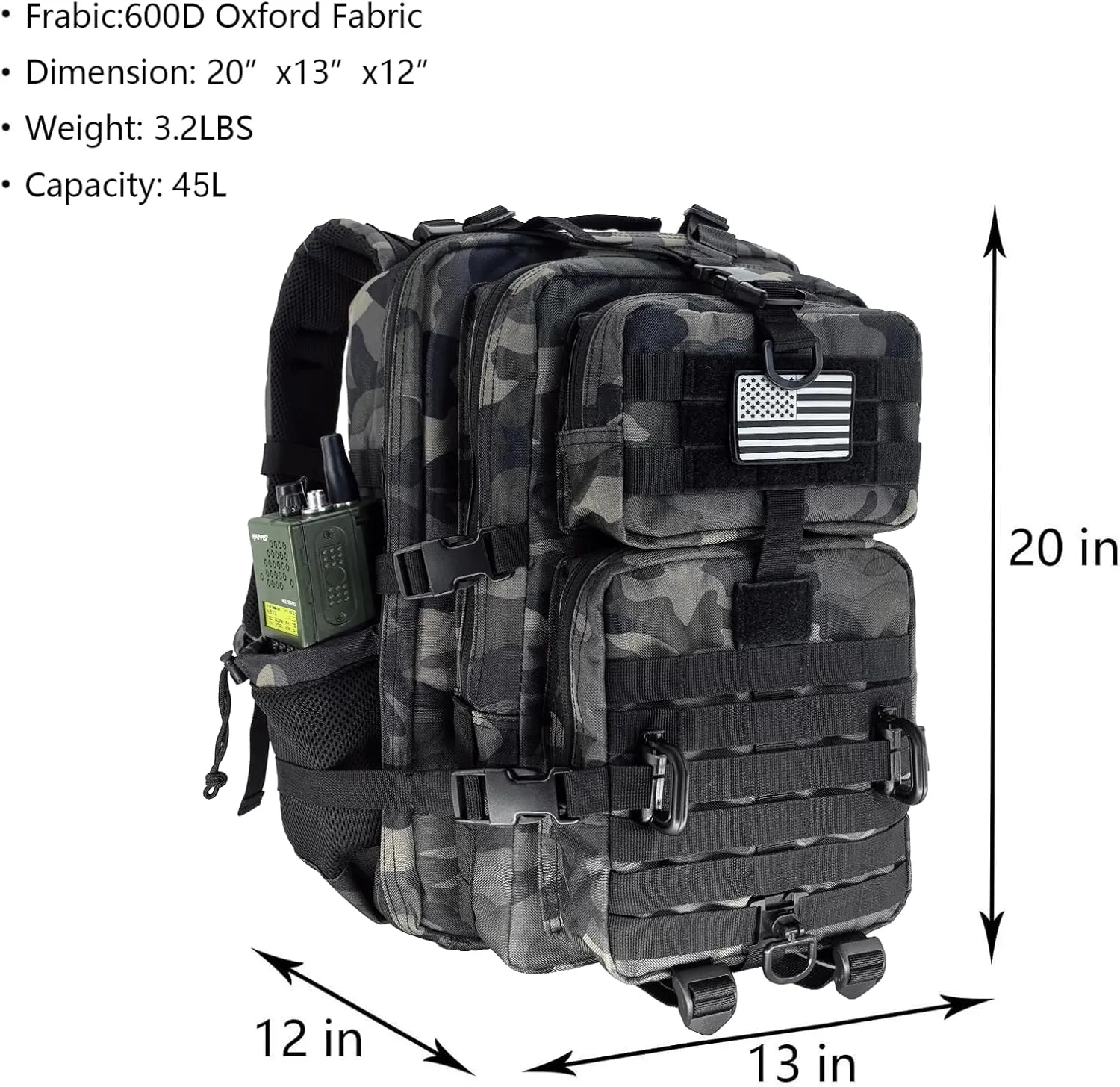 45L MOLLE Assault Pack, Tactical Backpack Military Army Camping Rucksack with Bottle Holder, 3-Day Pack Trip w/USA Flag Patch, D-Rings, Black Camo