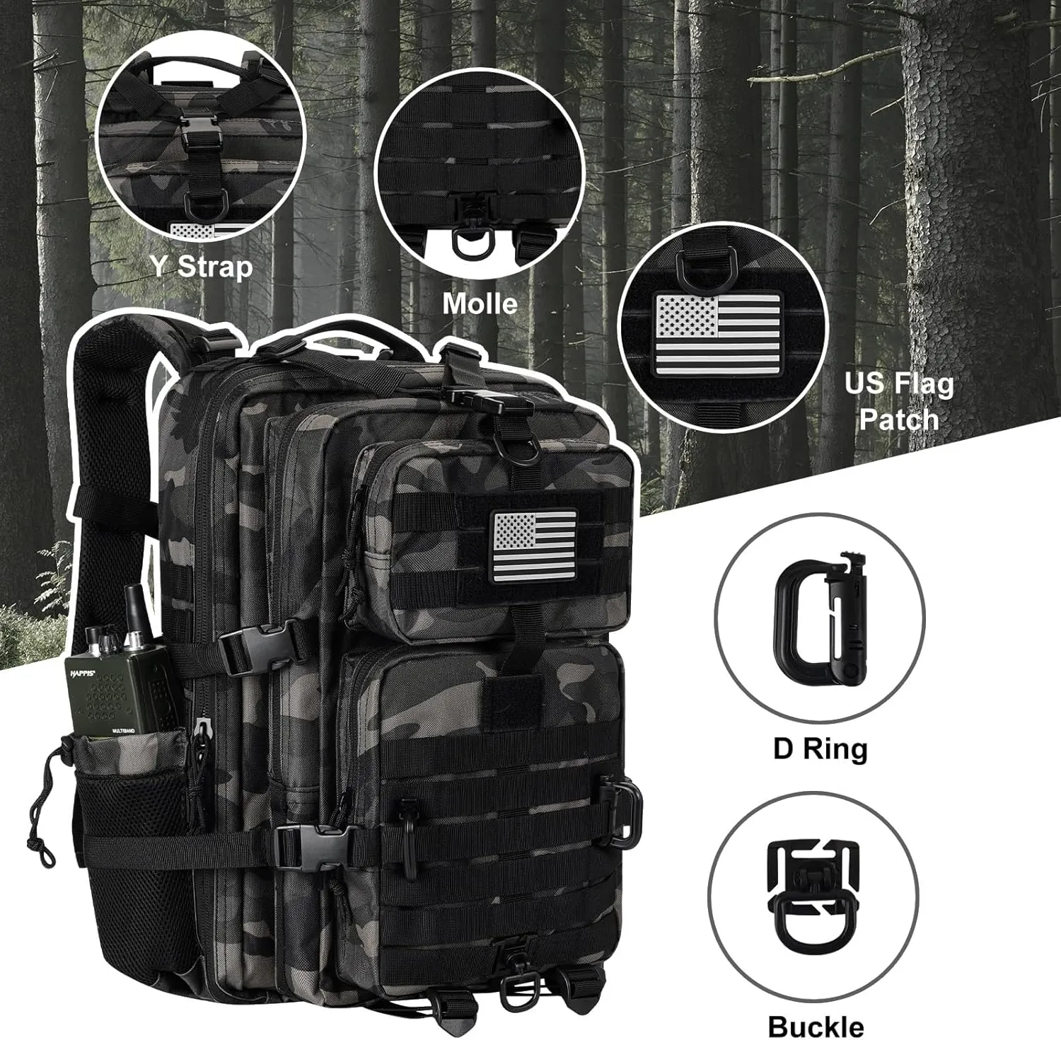 45L MOLLE Assault Pack, Tactical Backpack Military Army Camping Rucksack with Bottle Holder, 3-Day Pack Trip w/USA Flag Patch, D-Rings, Black Camo