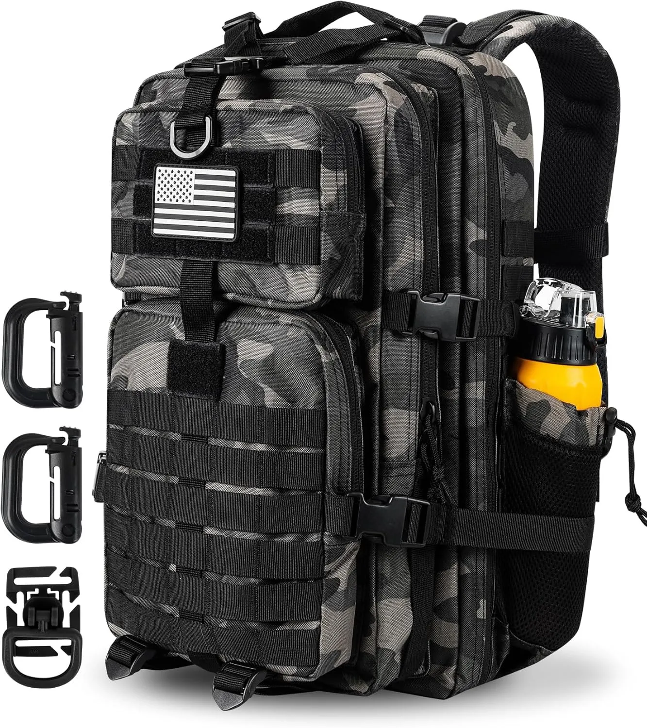 45L MOLLE Assault Pack, Tactical Backpack Military Army Camping Rucksack with Bottle Holder, 3-Day Pack Trip w/USA Flag Patch, D-Rings, Black Camo