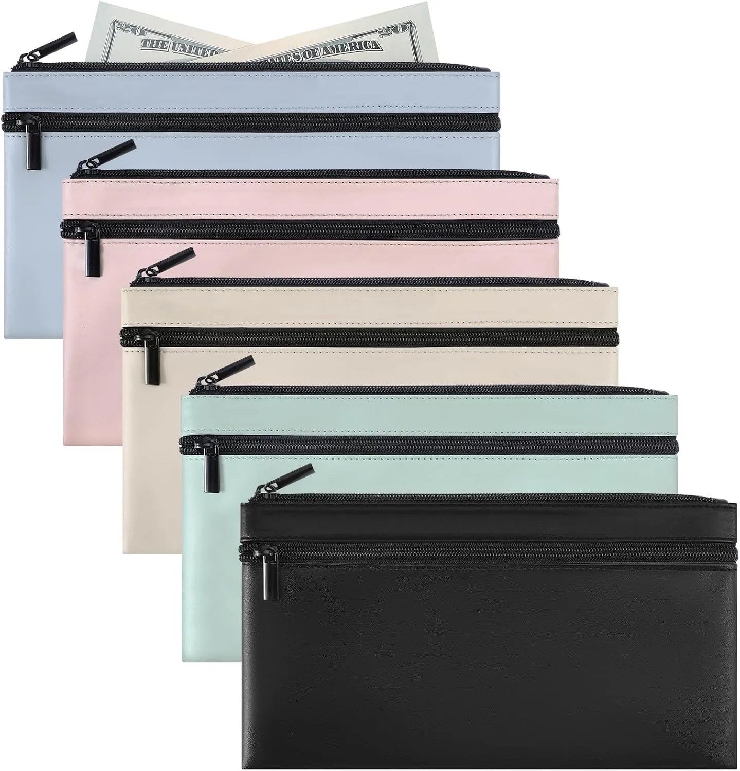5 Pack Money Bag with Zipper for Cash 11 x 6 Inch Bank Deposit Bags PU Leather Two Pockets Money Holder Utility Security Wallet for Cash Check Receipt Coins Cosmetics Bills Pouch 5 Colors
