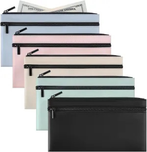 5 Pack Money Bag with Zipper for Cash 11 x 6 Inch Bank Deposit Bags PU Leather Two Pockets Money Holder Utility Security Wallet for Cash Check Receipt Coins Cosmetics Bills Pouch 5 Colors