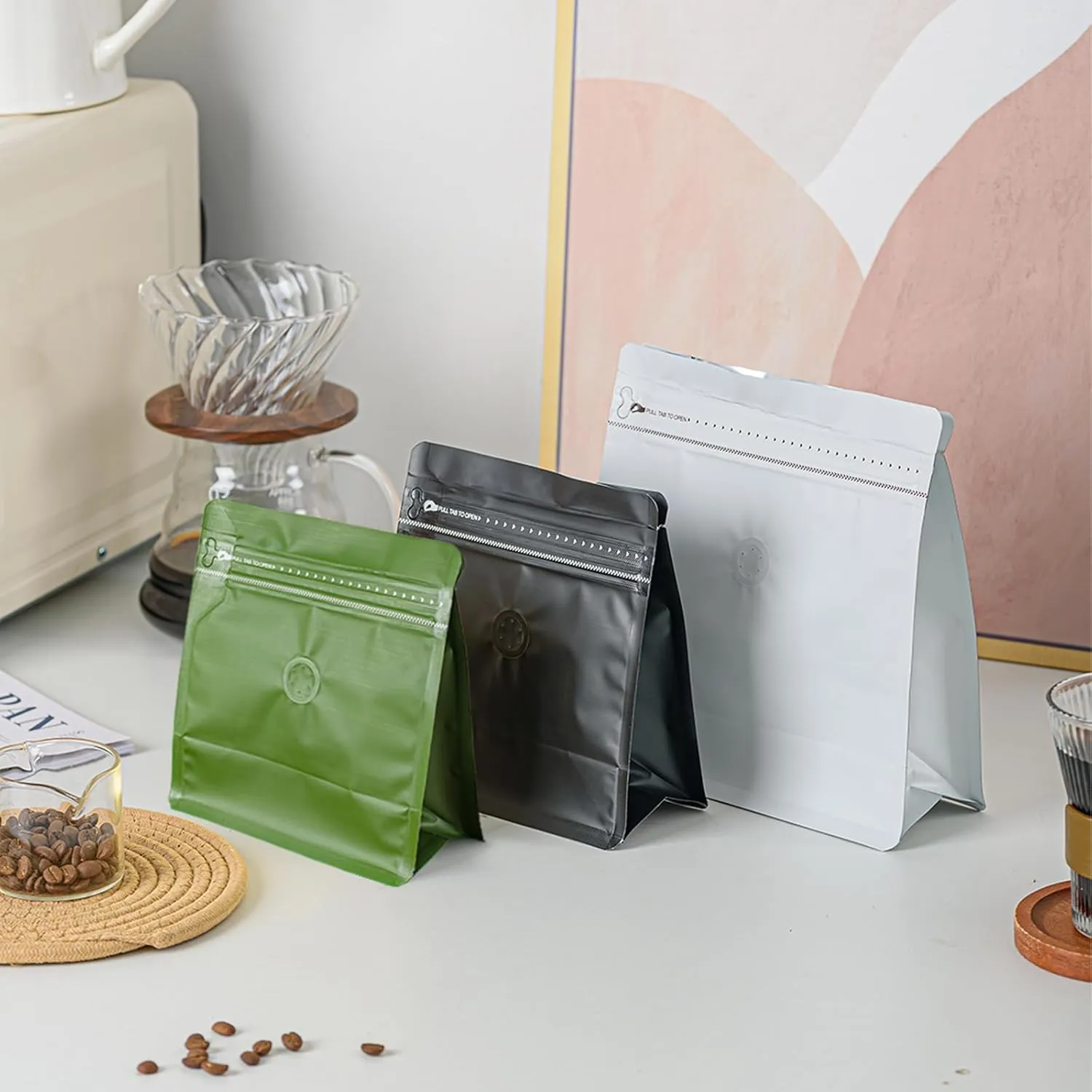 50 Pcs 0.5lb White Sqaure Coffee Bean Bags with Valve, Easy Tear Open & Repeating Sealed Zipper, Heat-Seal Stand Up & Flat Bottom Coffee Bag, 8oz Capacity 7.6.1x6.5 Inch
