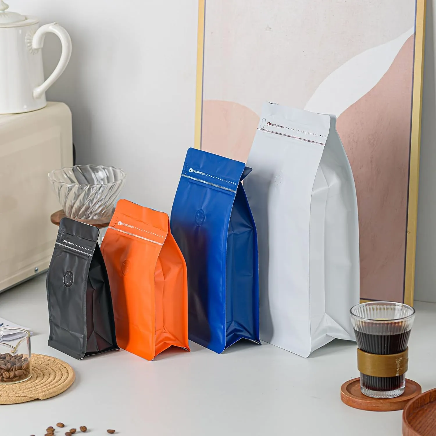 50 Pcs 0.5lb White Sqaure Coffee Bean Bags with Valve, Easy Tear Open & Repeating Sealed Zipper, Heat-Seal Stand Up & Flat Bottom Coffee Bag, 8oz Capacity 7.6.1x6.5 Inch