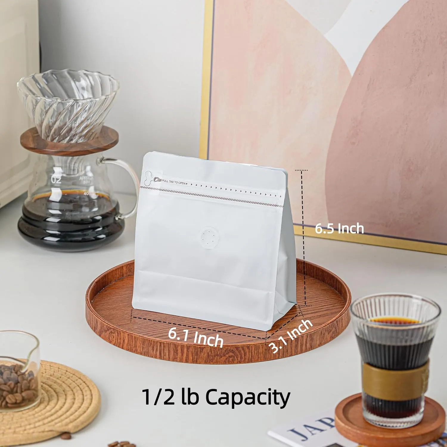 50 Pcs 0.5lb White Sqaure Coffee Bean Bags with Valve, Easy Tear Open & Repeating Sealed Zipper, Heat-Seal Stand Up & Flat Bottom Coffee Bag, 8oz Capacity 7.6.1x6.5 Inch