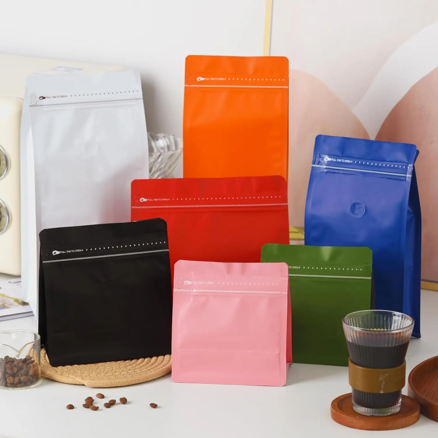 50 Pcs 0.5lb White Sqaure Coffee Bean Bags with Valve, Easy Tear Open & Repeating Sealed Zipper, Heat-Seal Stand Up & Flat Bottom Coffee Bag, 8oz Capacity 7.6.1x6.5 Inch