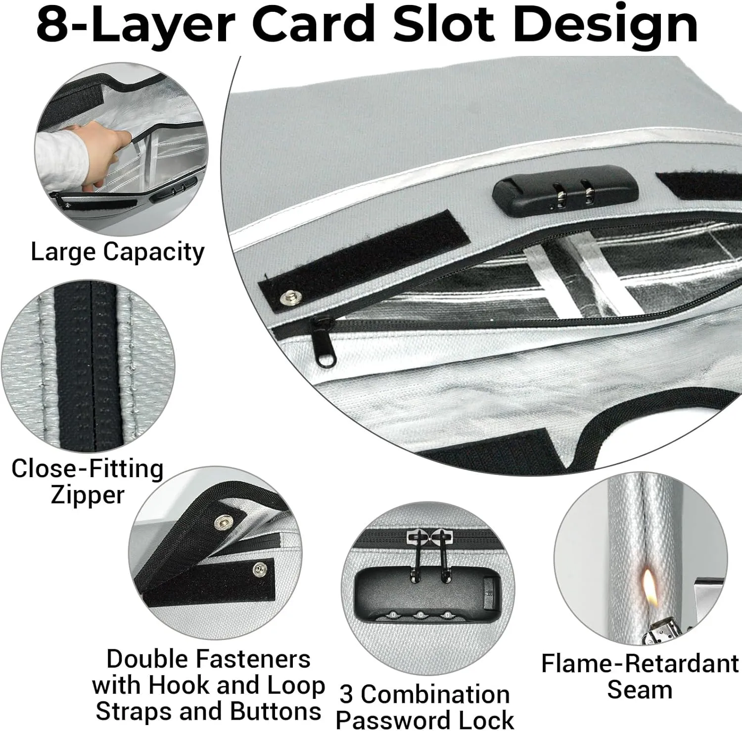 6200°F Fireproof Document Bag with Lock, 15x 11.8 Inch Fire Proof Bag for Documents, Fire Proof Money Bags Envelope with Reflective Strip, Water Resistant Fireproof Pouch with Zipper Silver