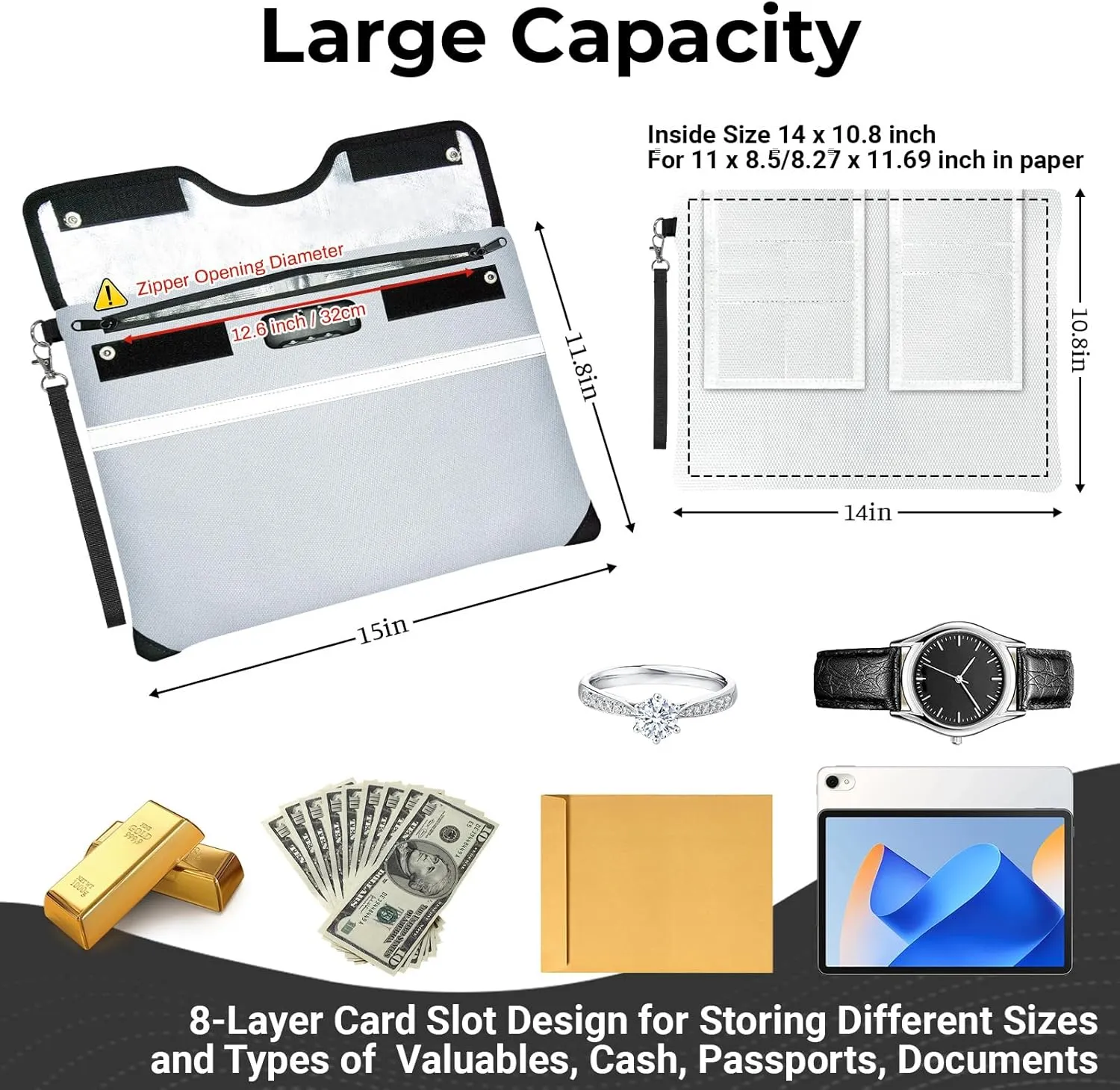 6200°F Fireproof Document Bag with Lock, 15x 11.8 Inch Fire Proof Bag for Documents, Fire Proof Money Bags Envelope with Reflective Strip, Water Resistant Fireproof Pouch with Zipper Silver