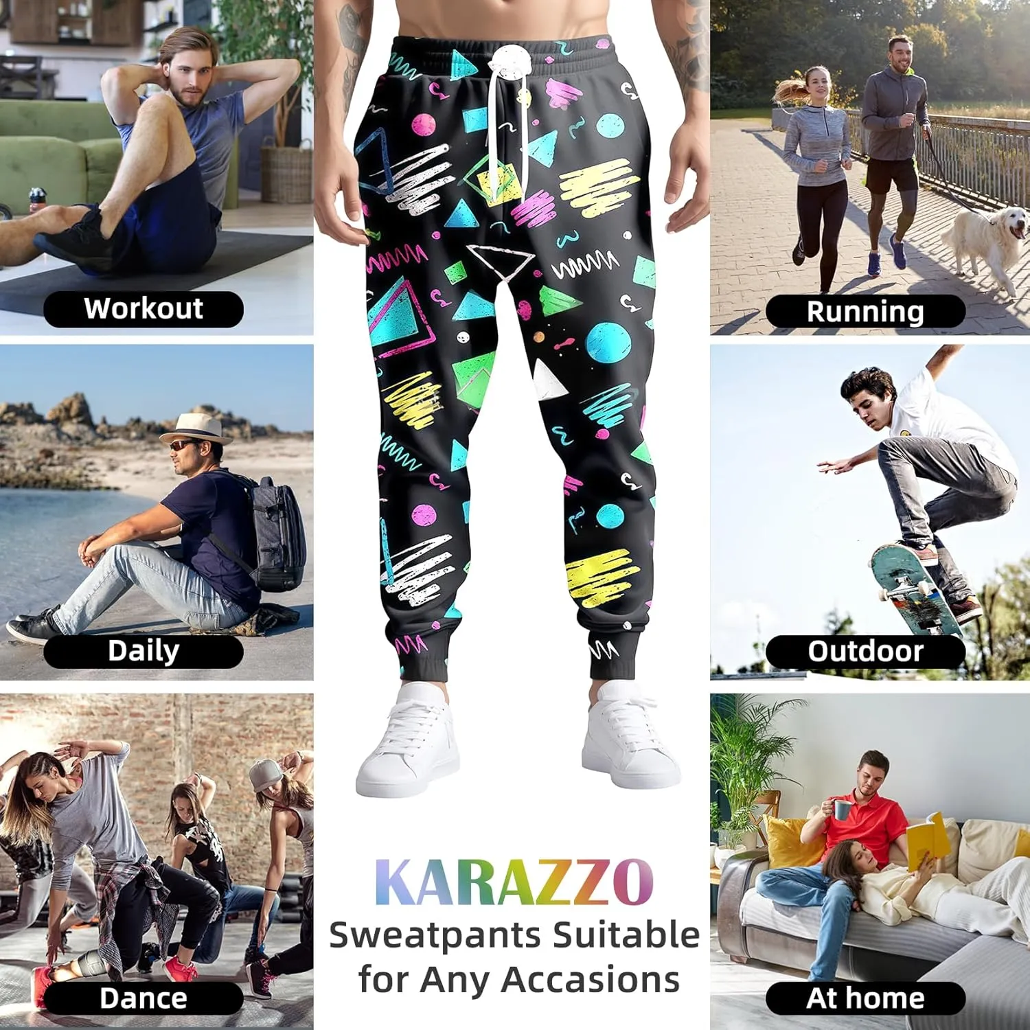 80s 90s Mens Joggers Pants Sports Funny Workout Running Printed Retro Sweatpants Casual Track Pants with Pockets