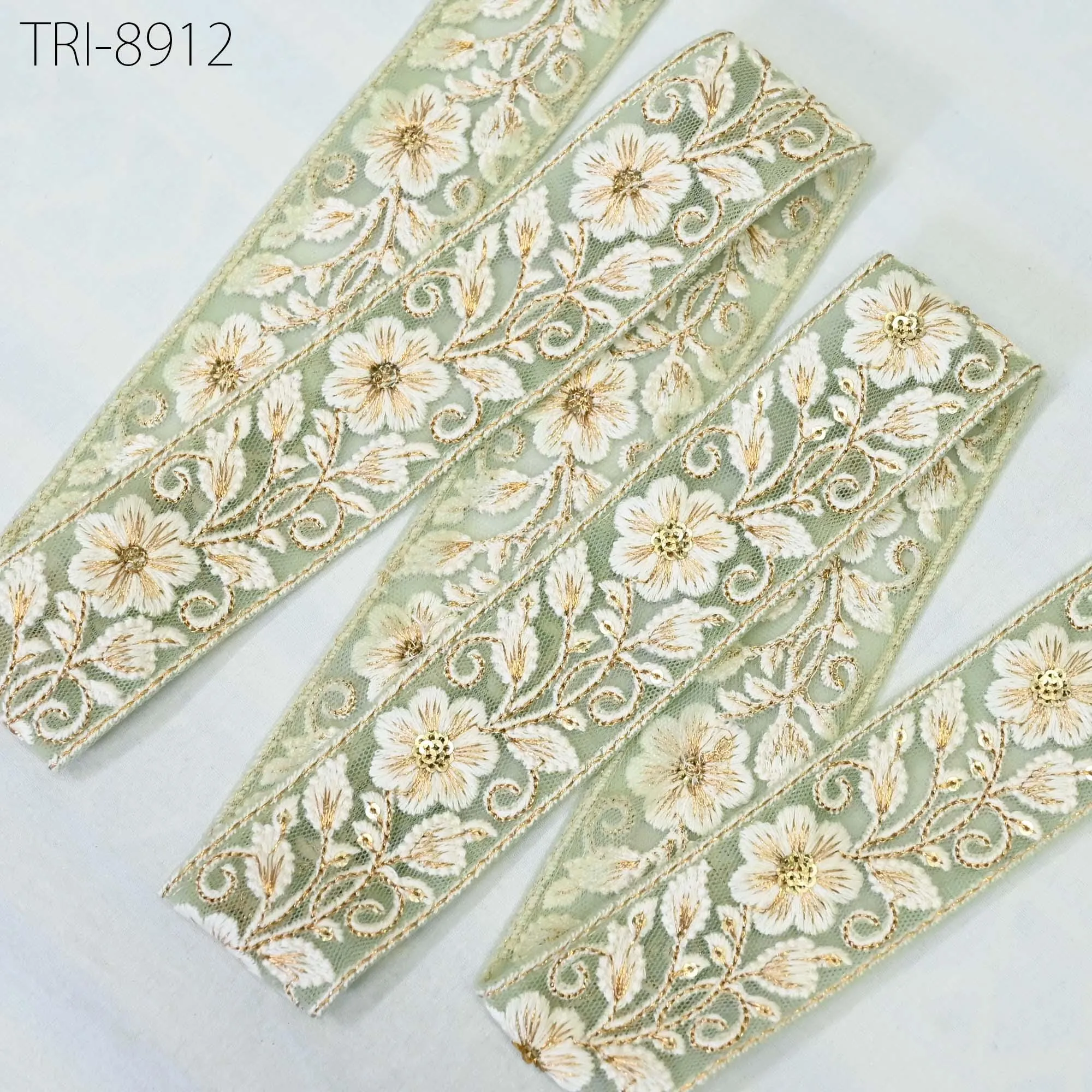 9 Yard 4cm Green Embroidery Ribbon Trim Embellishment Embroidered Saree Border Costumes Crafting Sewing Beach Bags Tote Pouche Wall Hangings