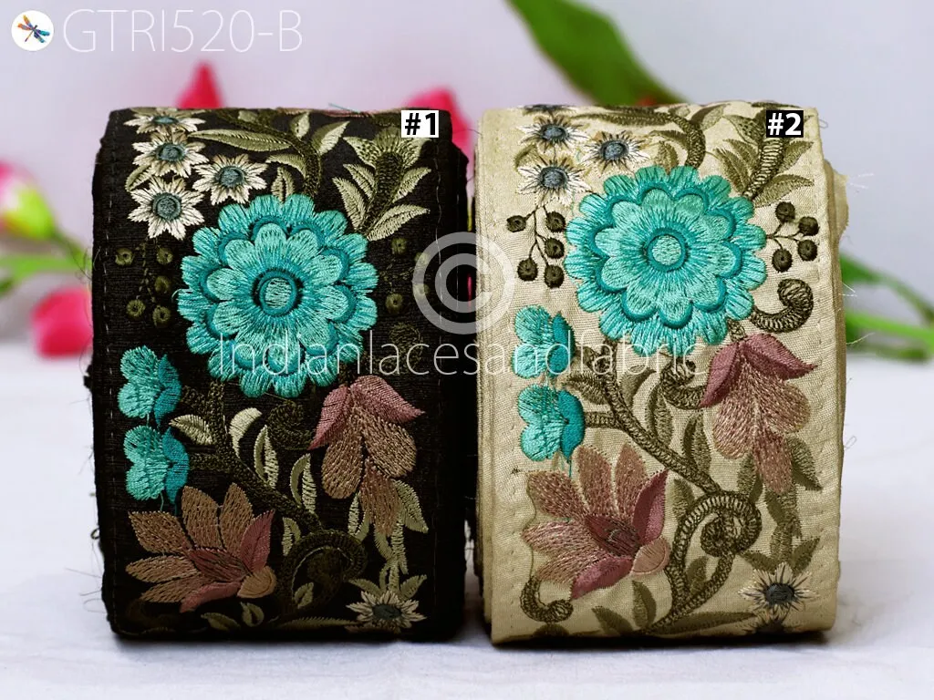 9 Yard Green 8CM  Indian Embroidered Trim Saree Crafting Ribbon Wedding Sari Border Sewing Quilting Decorative Curtains Floral Trimming