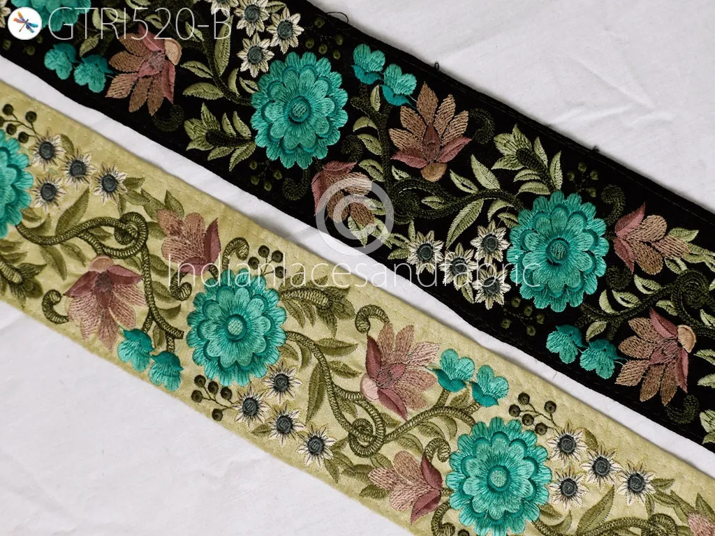 9 Yard Green 8CM  Indian Embroidered Trim Saree Crafting Ribbon Wedding Sari Border Sewing Quilting Decorative Curtains Floral Trimming