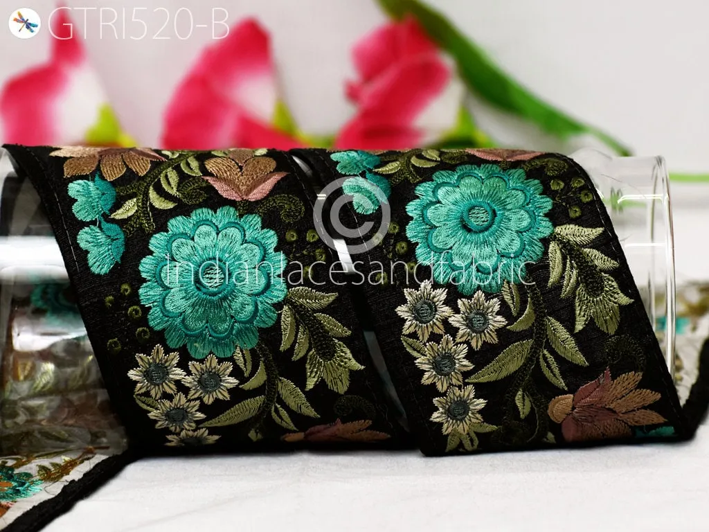 9 Yard Green 8CM  Indian Embroidered Trim Saree Crafting Ribbon Wedding Sari Border Sewing Quilting Decorative Curtains Floral Trimming