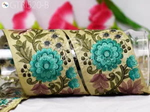 9 Yard Green 8CM  Indian Embroidered Trim Saree Crafting Ribbon Wedding Sari Border Sewing Quilting Decorative Curtains Floral Trimming