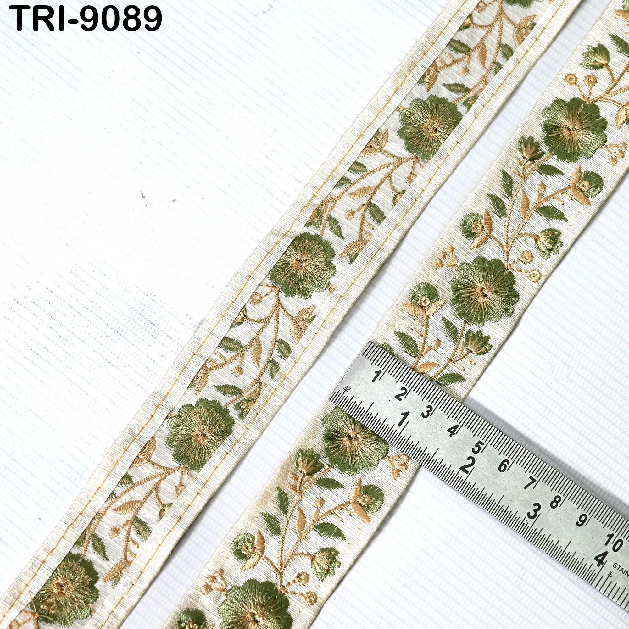 9 Yard Green Embroidery Ribbon 4cm Trim Embroidered Indian Sari Embellishments Dog Collar Tote Bags, Lampshades, Holidays Decor Shoe Making