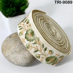 9 Yard Green Embroidery Ribbon 4cm Trim Embroidered Indian Sari Embellishments Dog Collar Tote Bags, Lampshades, Holidays Decor Shoe Making