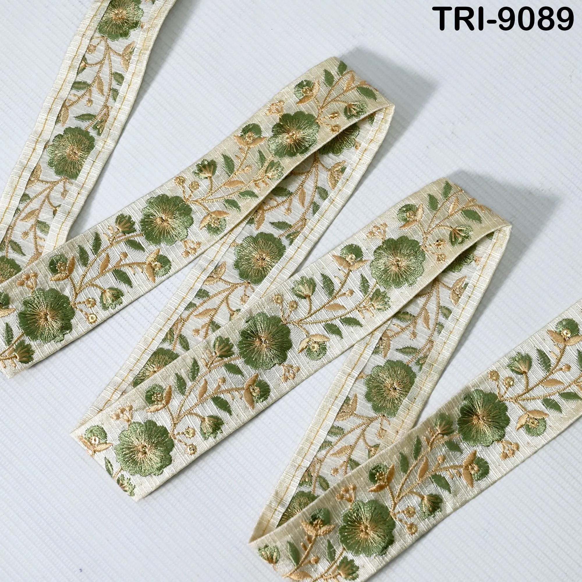 9 Yard Green Embroidery Ribbon 4cm Trim Embroidered Indian Sari Embellishments Dog Collar Tote Bags, Lampshades, Holidays Decor Shoe Making