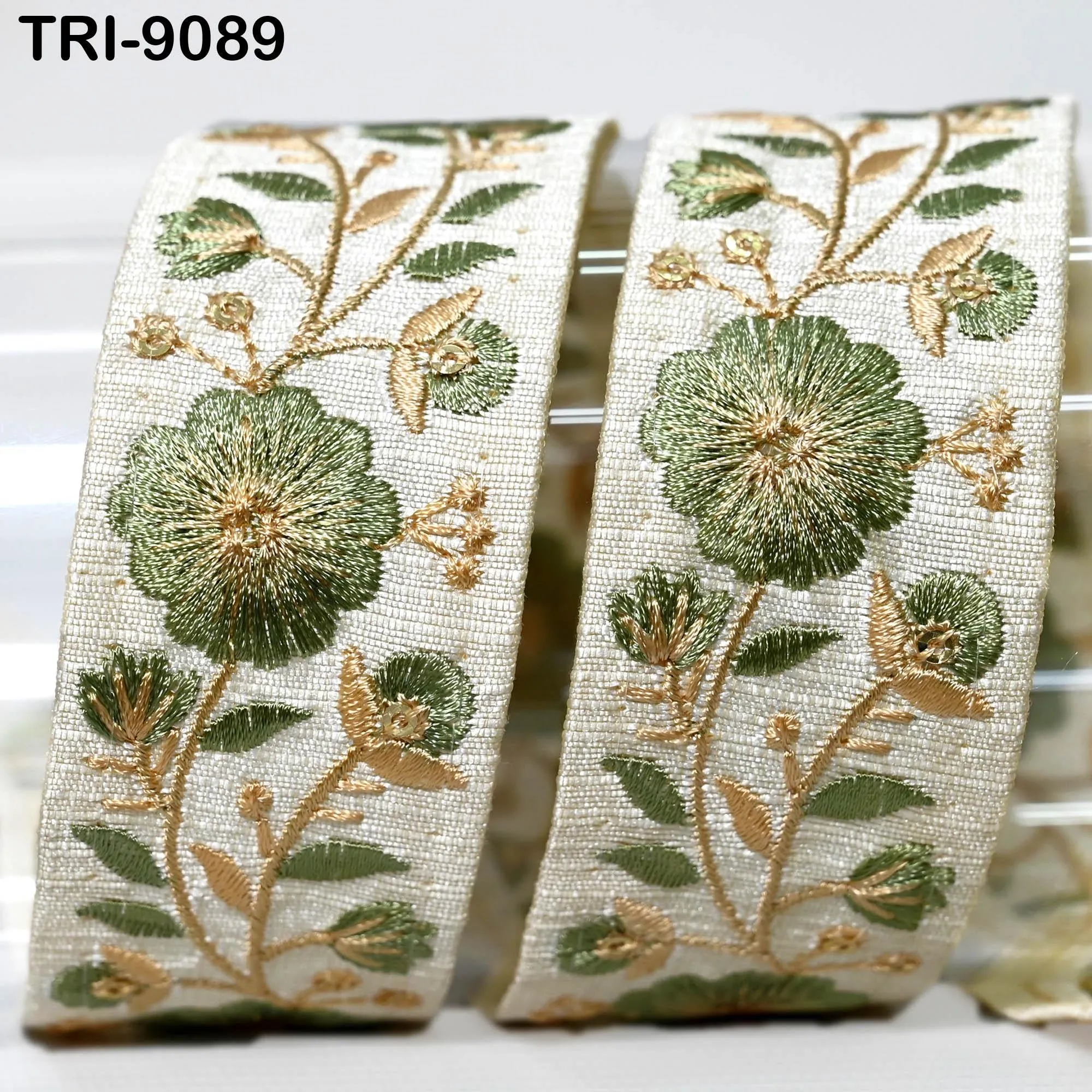 9 Yard Green Embroidery Ribbon 4cm Trim Embroidered Indian Sari Embellishments Dog Collar Tote Bags, Lampshades, Holidays Decor Shoe Making