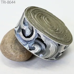 9 Yard Grey 55mm Embroidered Saree Ribbon Embroidery Trim Border Craft Sewing Accessories for Beach Bag, Hats, Costumes Christmas Home Decor
