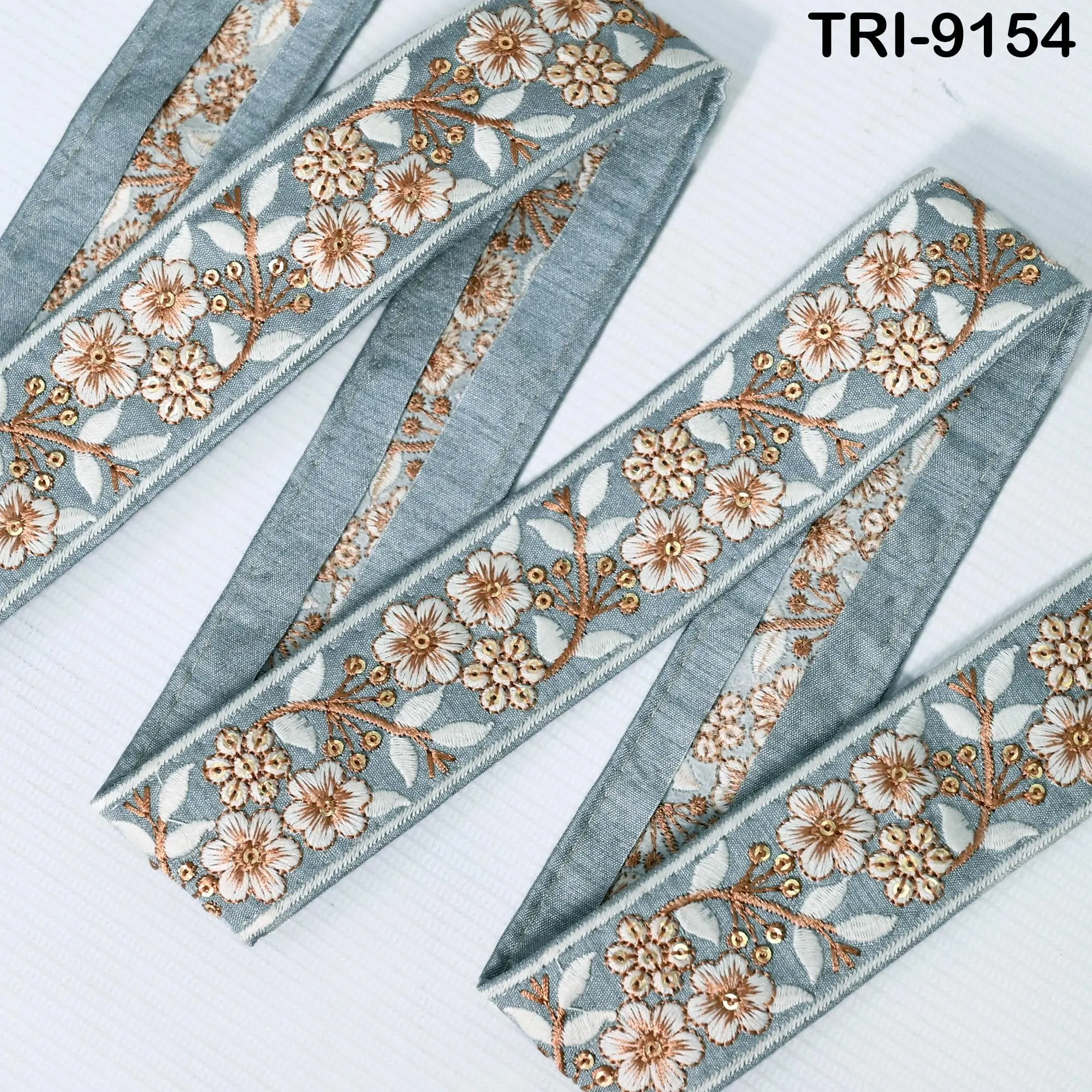 9 Yard Grey Embroidery Ribbon 4cm Trim Embroidered Indian Sari Embellishments DIY Crafting Cats Dogs Collar Trimmings Headbands Saree Border