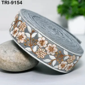 9 Yard Grey Embroidery Ribbon 4cm Trim Embroidered Indian Sari Embellishments DIY Crafting Cats Dogs Collar Trimmings Headbands Saree Border