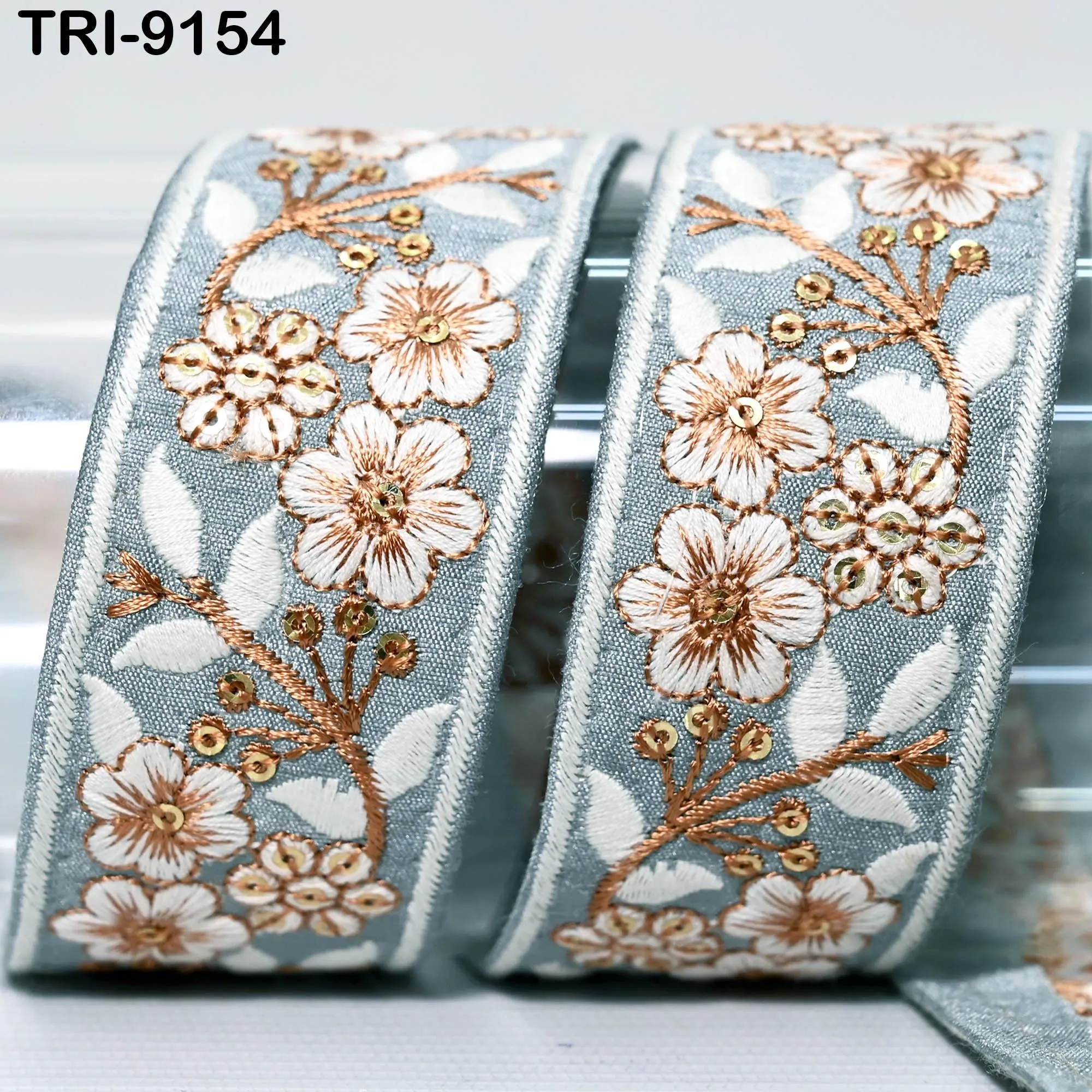 9 Yard Grey Embroidery Ribbon 4cm Trim Embroidered Indian Sari Embellishments DIY Crafting Cats Dogs Collar Trimmings Headbands Saree Border
