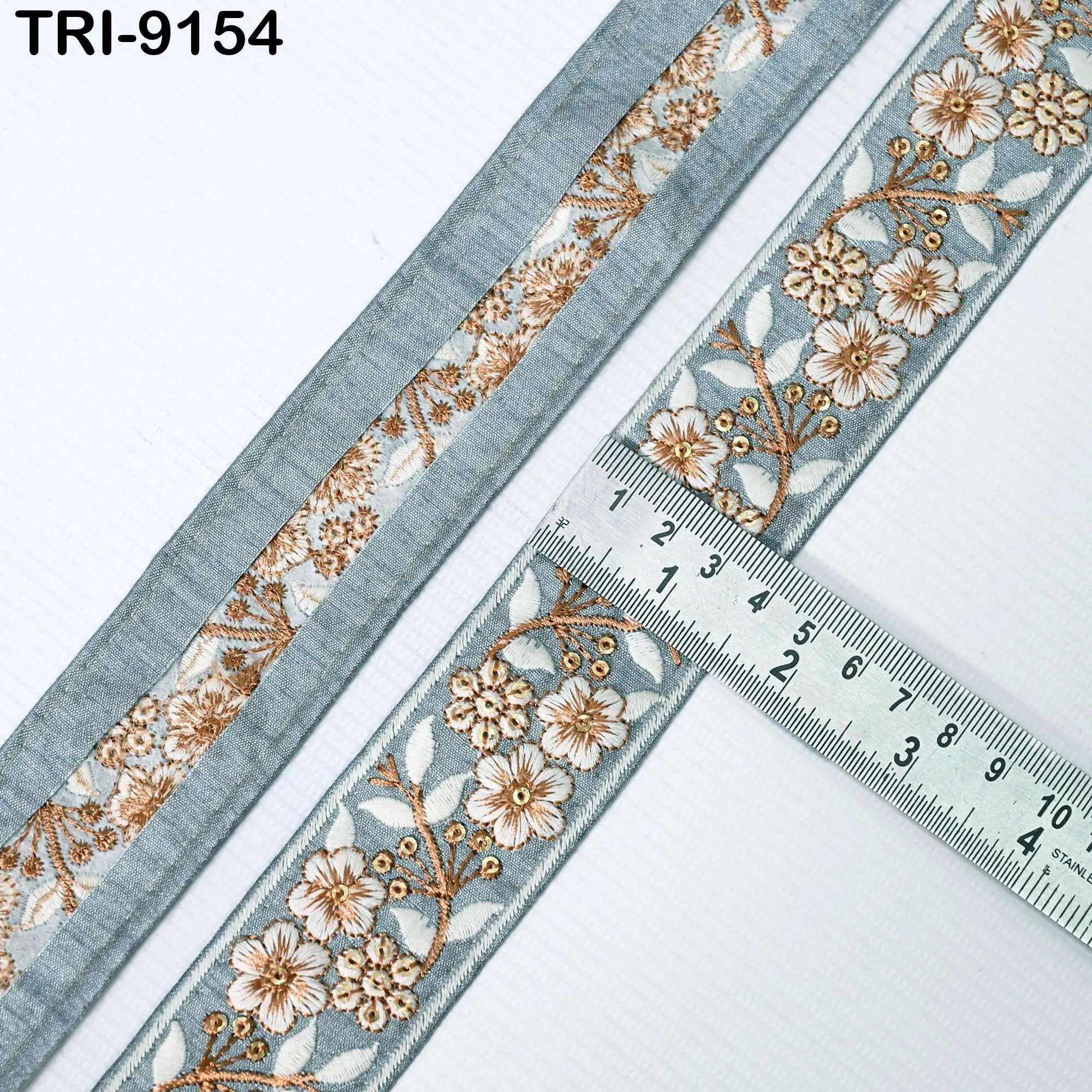 9 Yard Grey Embroidery Ribbon 4cm Trim Embroidered Indian Sari Embellishments DIY Crafting Cats Dogs Collar Trimmings Headbands Saree Border