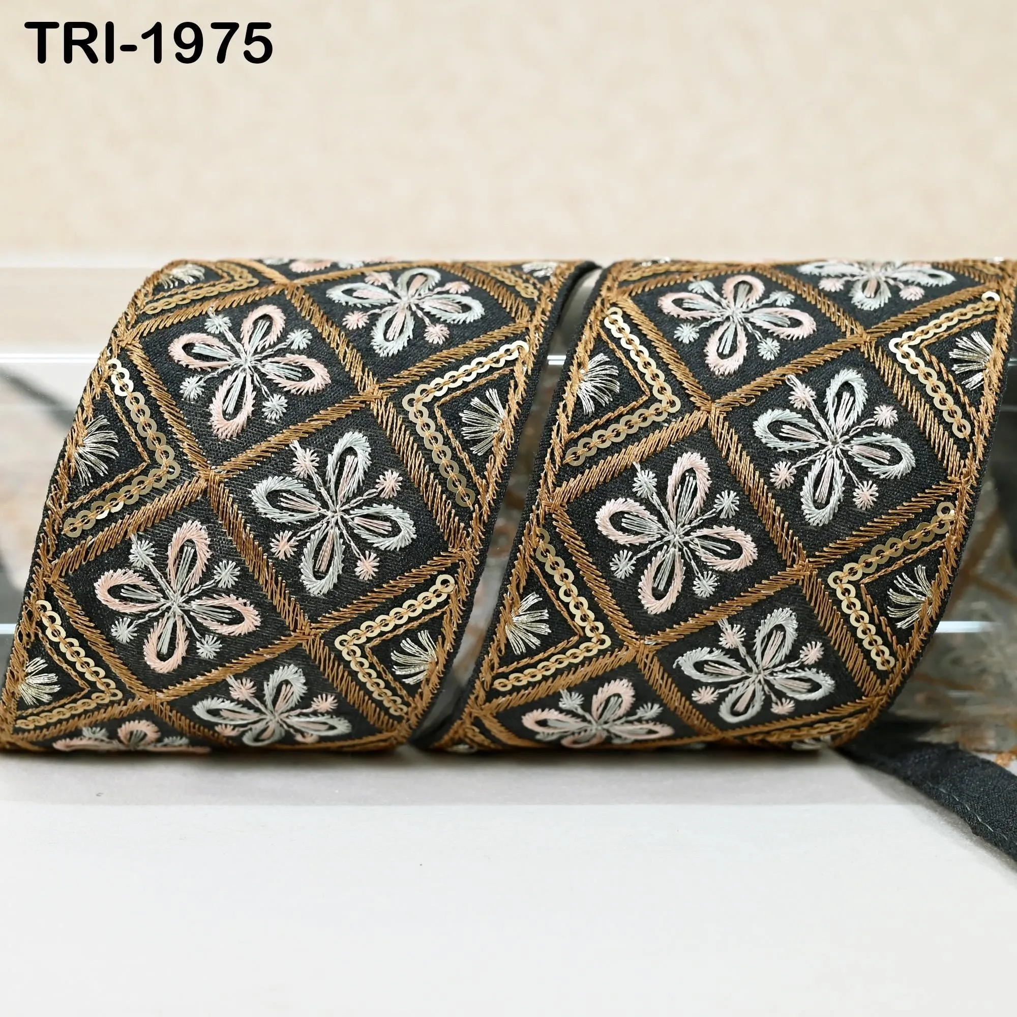 9 Yard Grey Embroidery Ribbons  Indian Sari Border Embroidered Crafting Sewing Tablecloth Lampshade making Home Decor Costumes Trimming 6cm