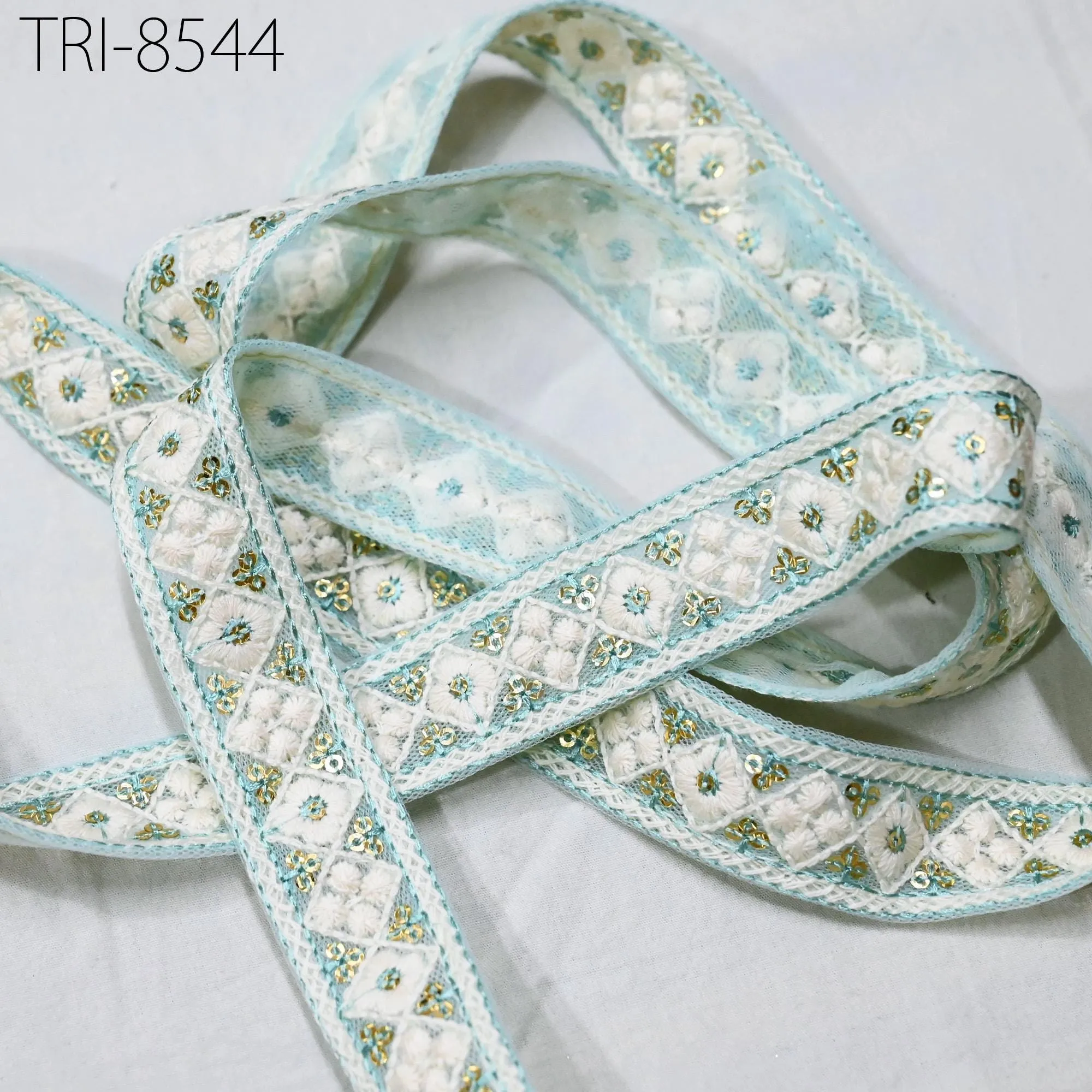 9 Yard Indian Sky Blue Embroidery 25 mm Ribbon Tapes | Embroidered Fabric Trim | Sari Border | Gift Wrapping Lace | Embellishments Crafting