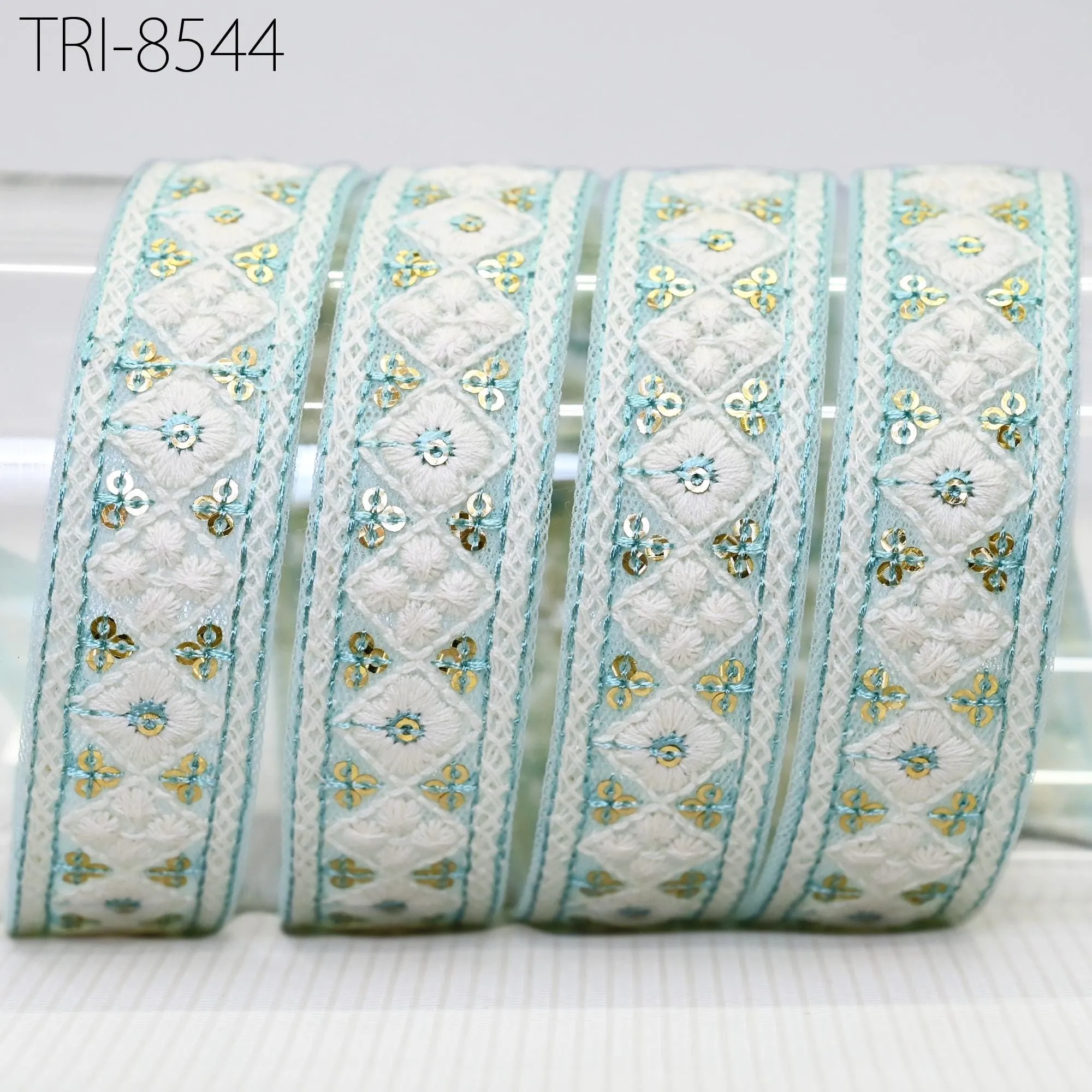 9 Yard Indian Sky Blue Embroidery 25 mm Ribbon Tapes | Embroidered Fabric Trim | Sari Border | Gift Wrapping Lace | Embellishments Crafting