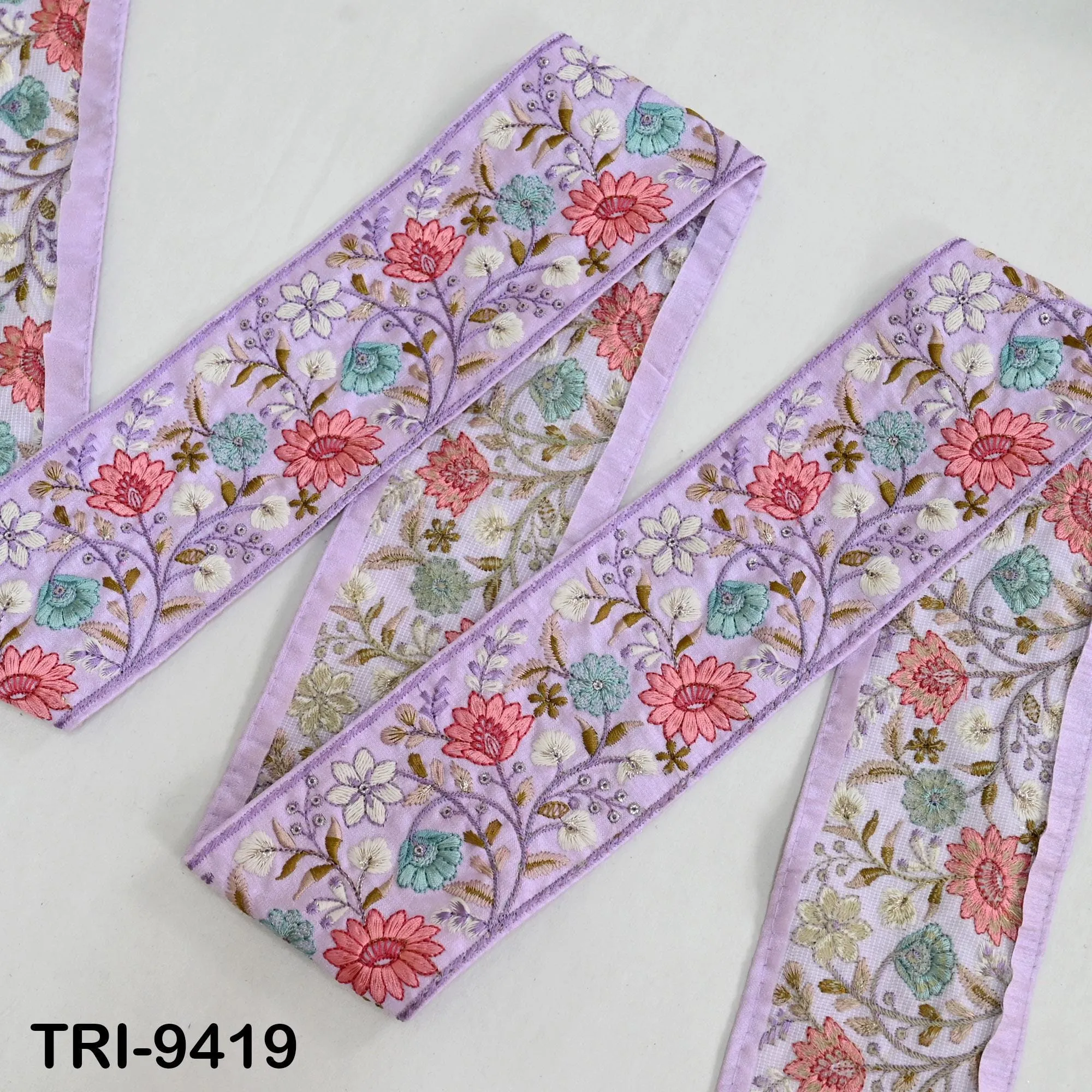9 Yard Lavender Indian Embroidery Ribbons Border Floral Embroidered Fabric Trims Saree DIY Crafting Sewing Embellishment Junk Journals  9cm