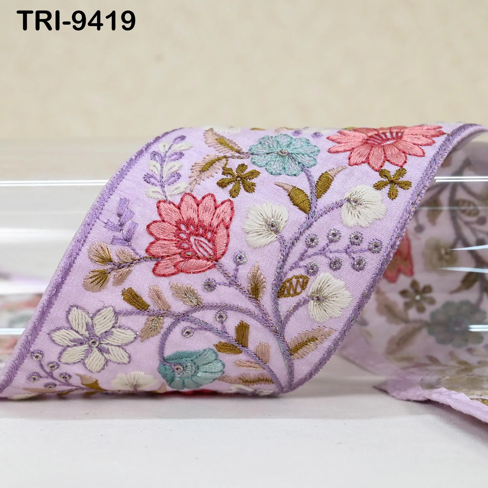 9 Yard Lavender Indian Embroidery Ribbons Border Floral Embroidered Fabric Trims Saree DIY Crafting Sewing Embellishment Junk Journals  9cm