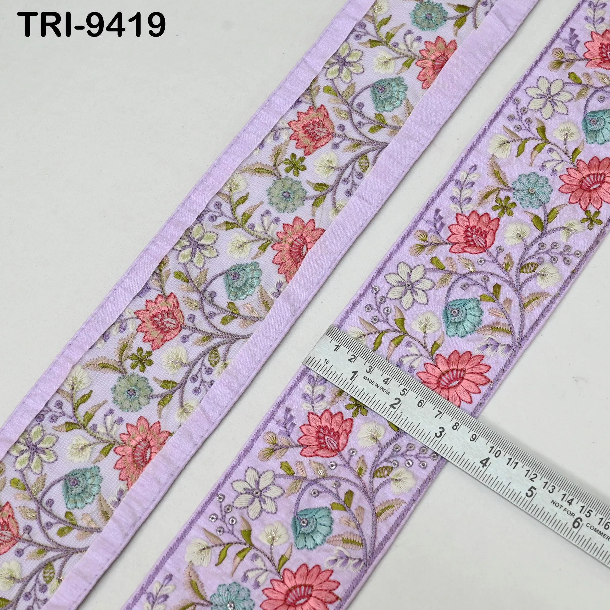 9 Yard Lavender Indian Embroidery Ribbons Border Floral Embroidered Fabric Trims Saree DIY Crafting Sewing Embellishment Junk Journals  9cm