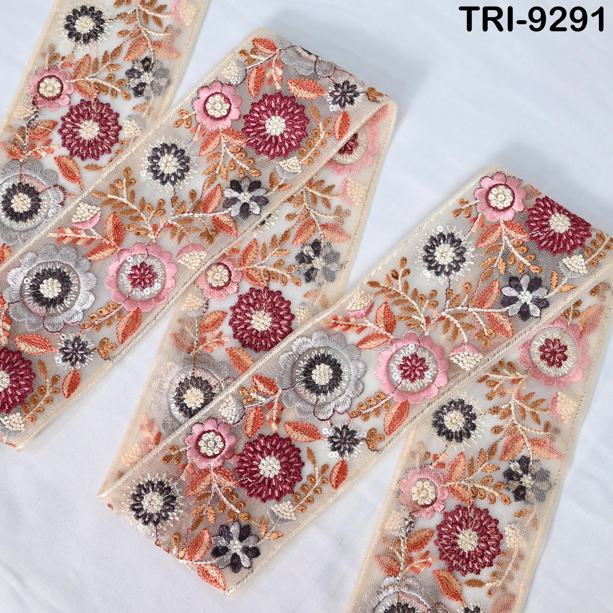 9 Yard Multicolor Embroidery Ribbon 75mm Indian Trims DIY Craft Sewing Costumes Dog Collar, Lampshades, Holidays Decor Regency Reticules
