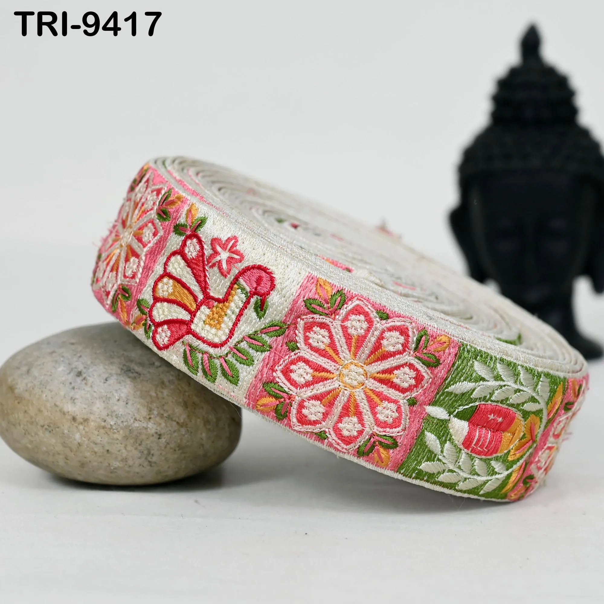 9 Yard Multicolor Embroidery Ribbon Trim 4cm Embellishments Sari Sewing DIY Crafting Border Indian Embroidered Trimmings Laces Junk Journals