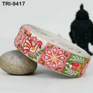 9 Yard Multicolor Embroidery Ribbon Trim 4cm Embellishments Sari Sewing DIY Crafting Border Indian Embroidered Trimmings Laces Junk Journals