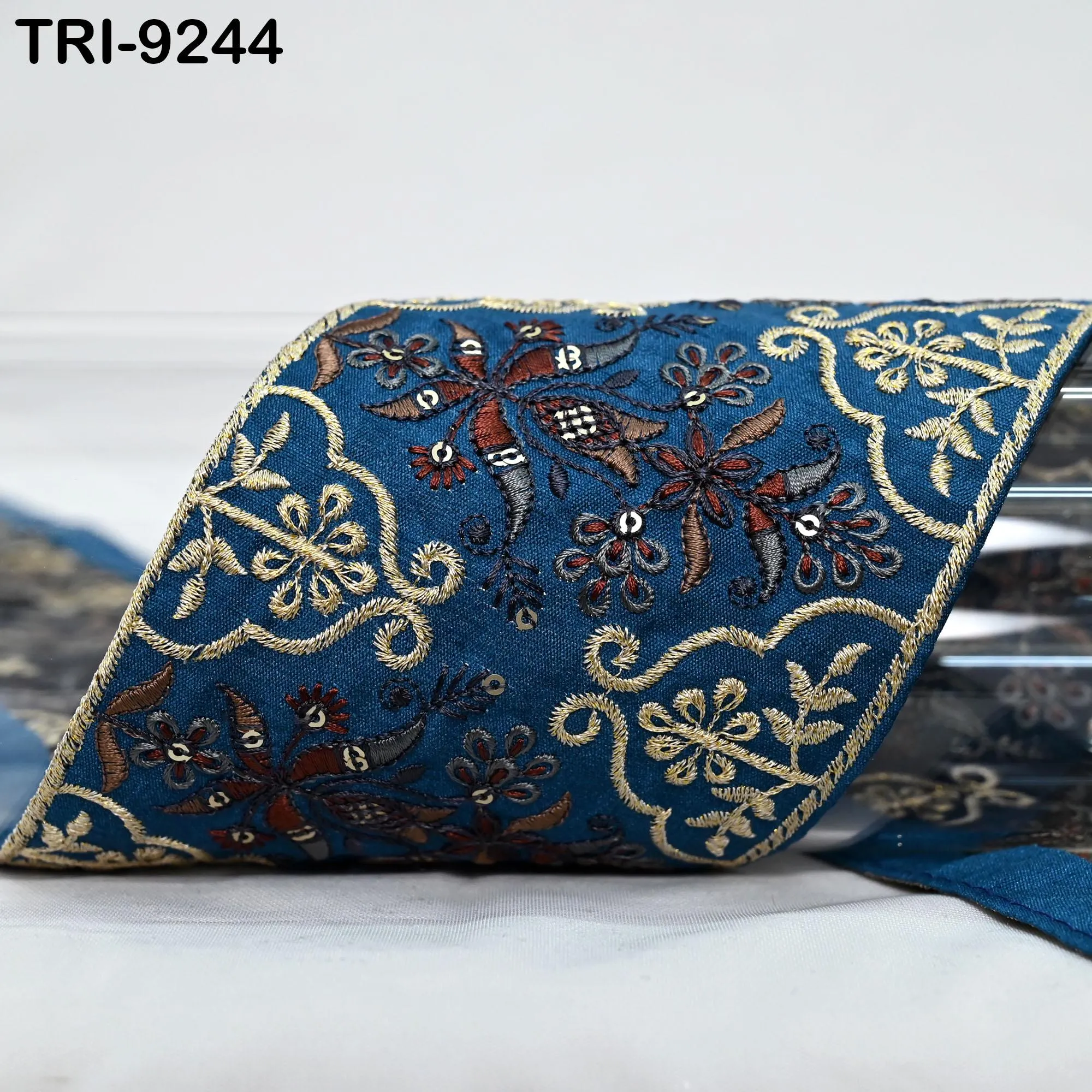 9 Yard Teal Embroidery Ribbon 10cm Fabric Trim Saree Border DIY Crafting Sari Sewing Tote Bags Junk Journals Embellishment Historic Costumes