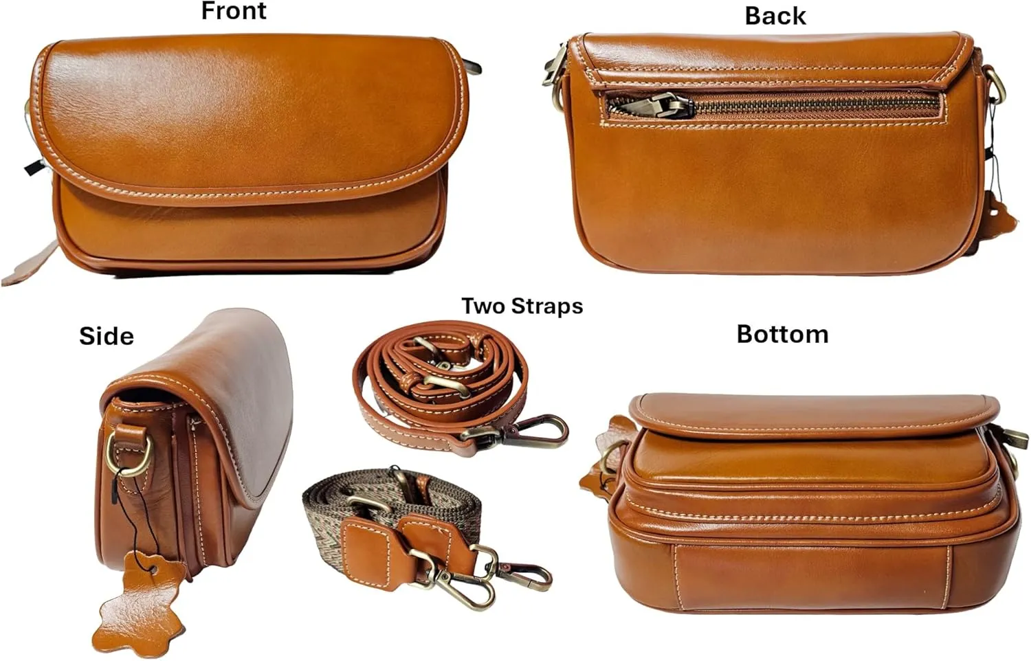 9" Women Genuine Cow Real Leather Crossbody Bag Purse with 2 Adjutable Shoulder Straps
